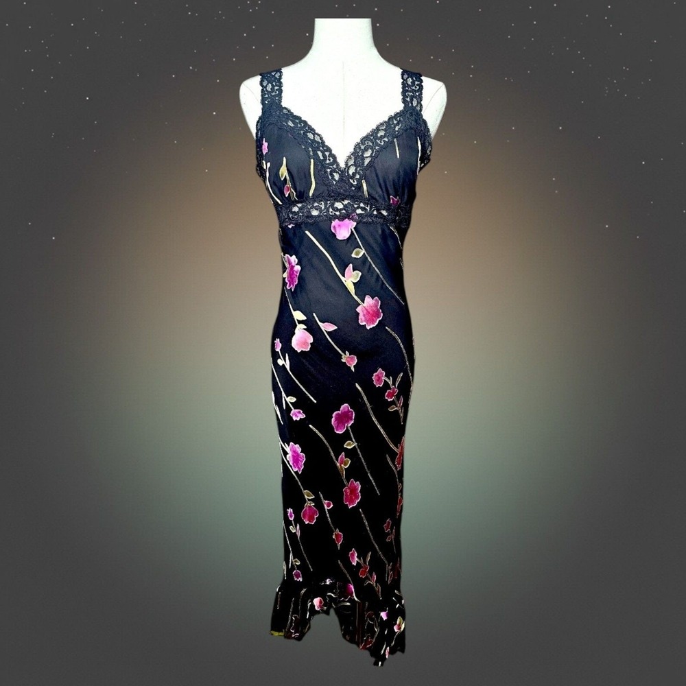 Betsey Johnson Vintage 90s Silk Blend Floral Lace Slip Dress Black Pink M